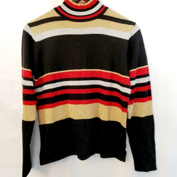 Women's Medium Pierre Cardin Black Bold Striped Turtleneck Knit Sweater